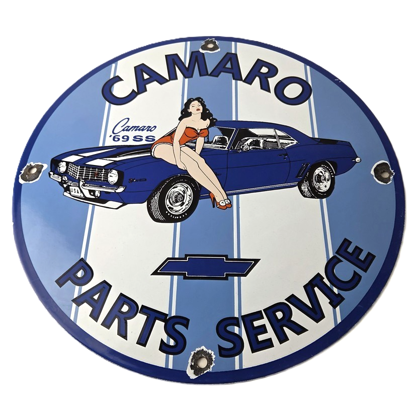 Vintage Chevrolet Sign - Porcelain Camaro 69 SS Gas Pump Auto Pinup Girl Sign