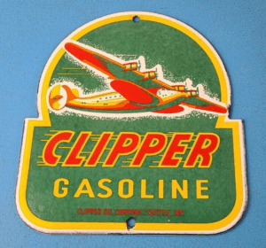 Vintage Clipper Gasoline Sign - Aircraft Airplane Gas Pump Porcelain Sign