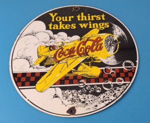 Vintage Coca Cola Sign Airplane Beverage Soda Gas Pump Plate Porcelain Sign 305872551822