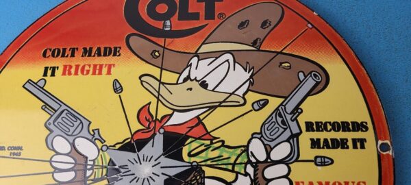 Vintage Colt Fire Arms Sign Donald Duck Revolvers Pistols Guns Gas Pump Sign 305370883922 2