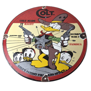 Vintage Colt Fire Arms Sign - Donald Duck Revolvers Pistols Guns Gas Pump Sign
