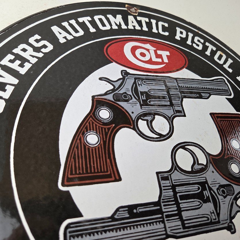 Vintage Colt Firearms Sign - Revolvers Automatic Pistols Gas Porcelain Sign - Image 5