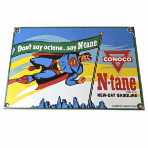 Vintage Conoco Gasoline Sign - Porcelain Gas Pump Superman Comic Figure Sign
