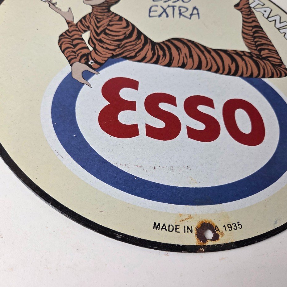 Vintage Esso Gasoline Porcelain Tiger Suit Gas Service Station Auto Tank Sign - Image 11