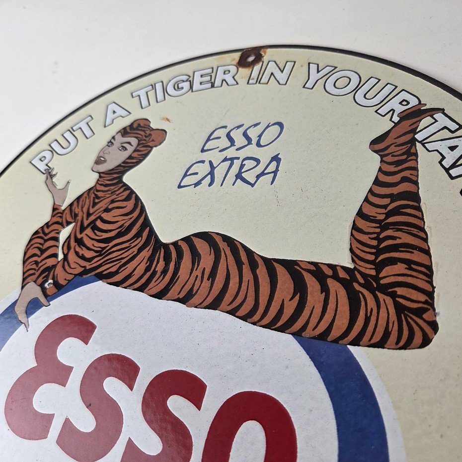 Vintage Esso Gasoline Porcelain Tiger Suit Gas Service Station Auto Tank Sign - Image 12