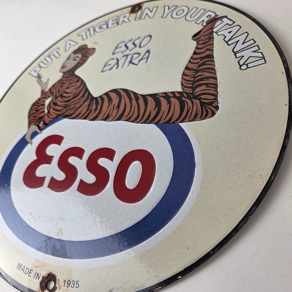 Vintage Esso Gasoline Porcelain Tiger Suit Gas Service Station Auto Tank Sign - Image 13
