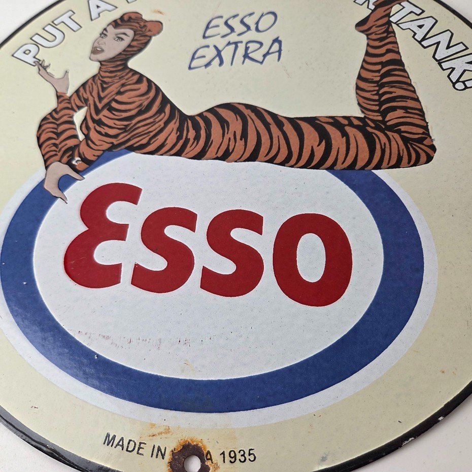 Vintage Esso Gasoline Porcelain Tiger Suit Gas Service Station Auto Tank Sign - Image 4