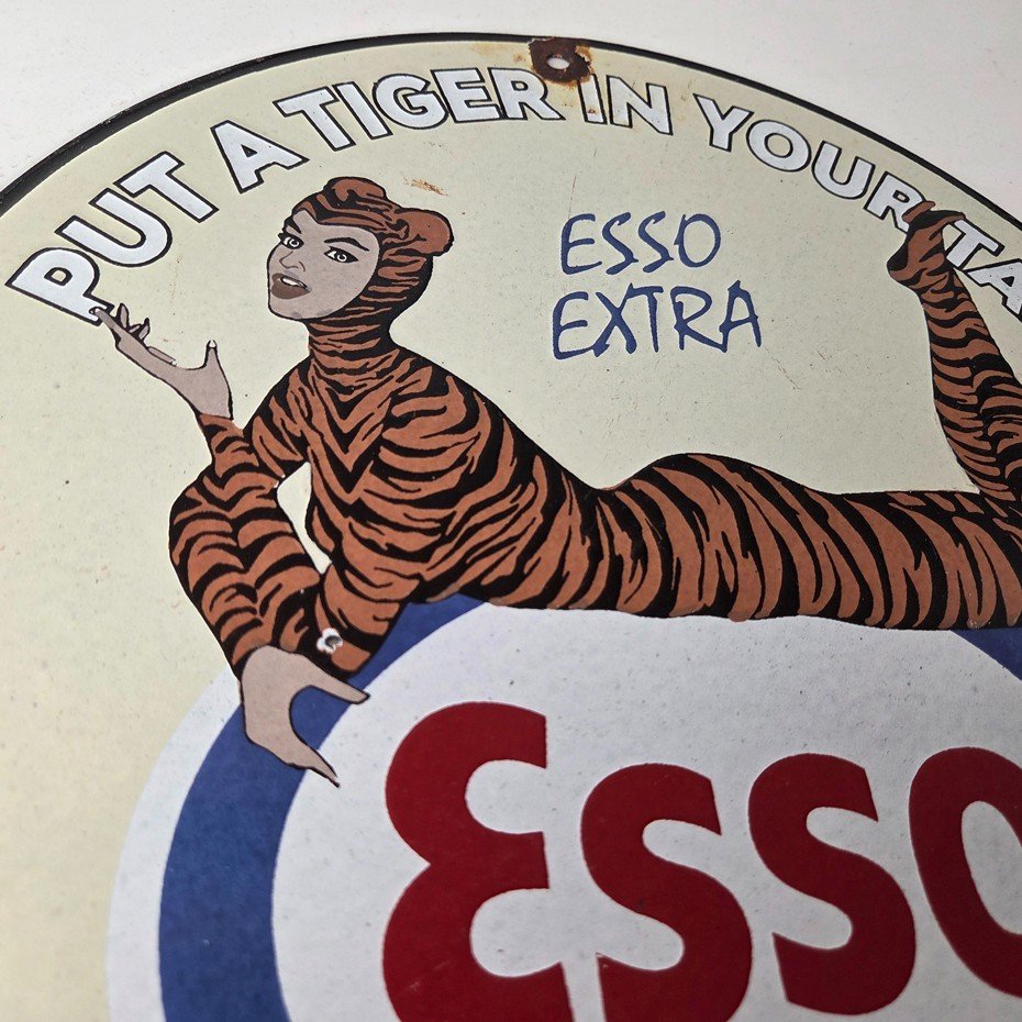 Vintage Esso Gasoline Porcelain Tiger Suit Gas Service Station Auto Tank Sign - Image 5