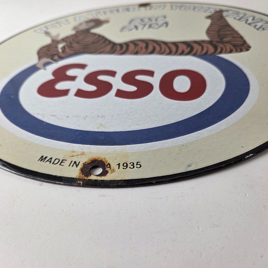 Vintage Esso Gasoline Porcelain Tiger Suit Gas Service Station Auto Tank Sign - Image 10