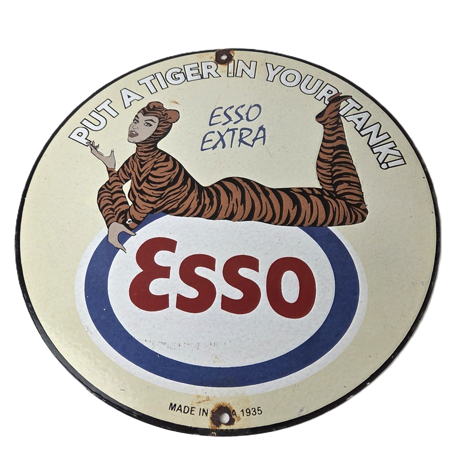 Vintage Esso Gasoline Porcelain Tiger Suit Gas Service Station Auto Tank Sign
