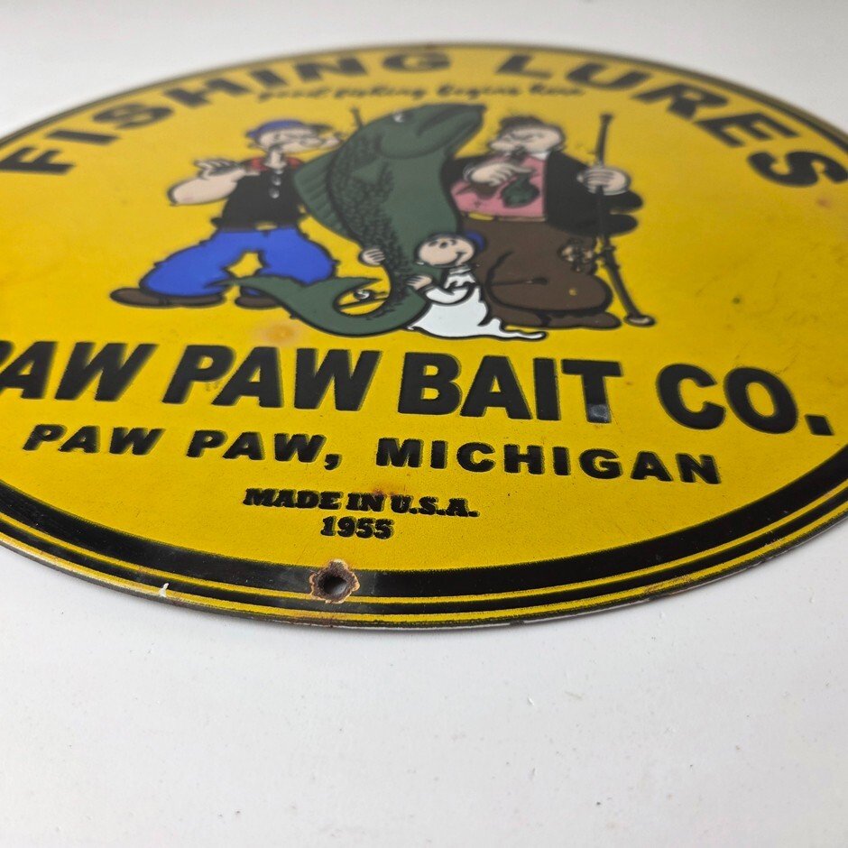 Vintage Fishing Lures Sign - Paw Paw Bait Co Popeye Gas Pump Porcelain Sign - Image 11
