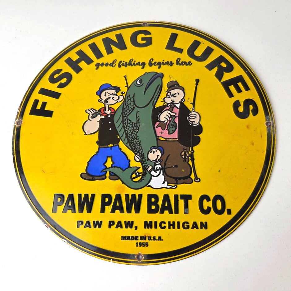 Vintage Fishing Lures Sign - Paw Paw Bait Co Popeye Gas Pump Porcelain Sign - Image 12