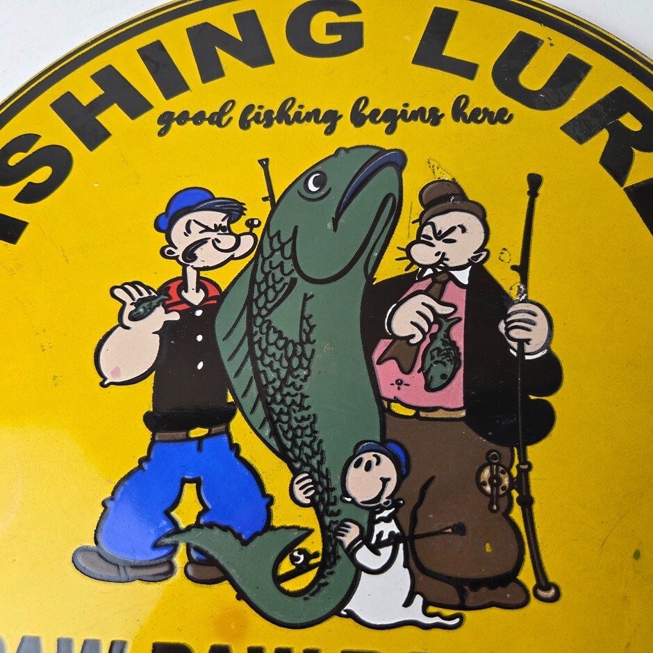 Vintage Fishing Lures Sign - Paw Paw Bait Co Popeye Gas Pump Porcelain Sign - Image 3