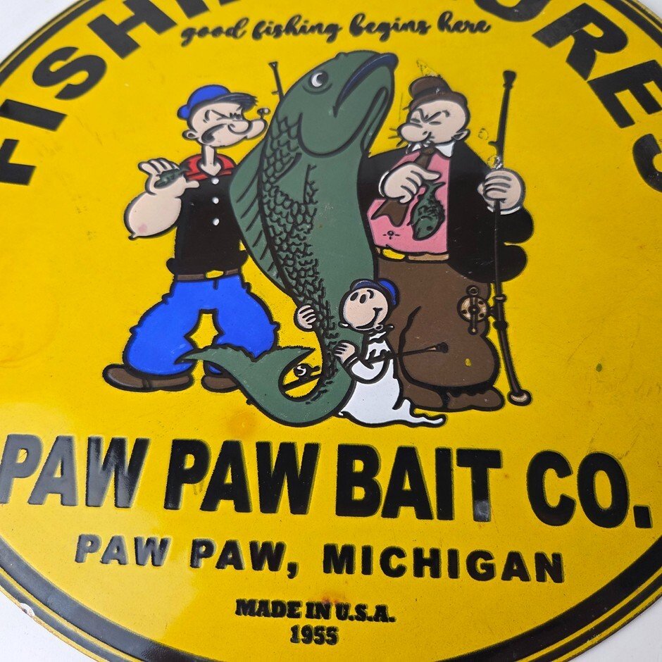 Vintage Fishing Lures Sign - Paw Paw Bait Co Popeye Gas Pump Porcelain Sign - Image 4