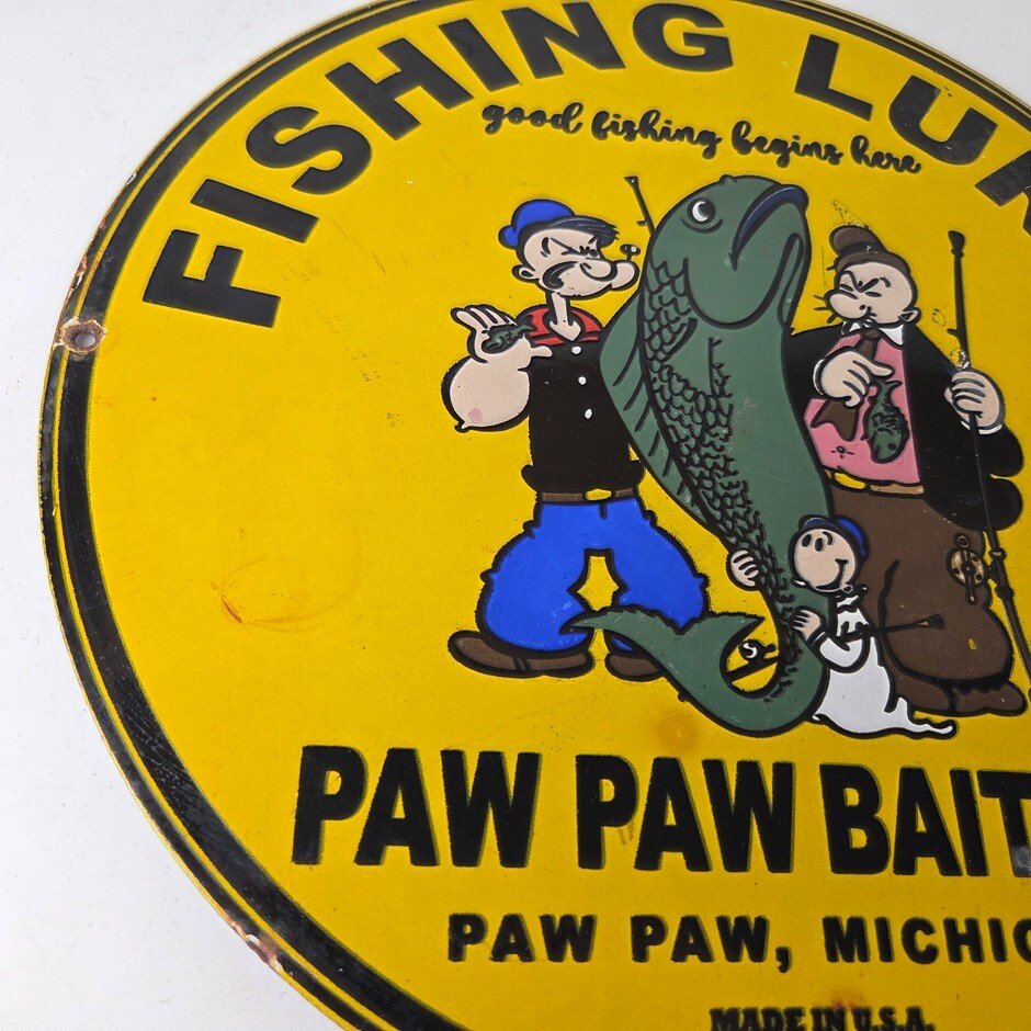 Vintage Fishing Lures Sign - Paw Paw Bait Co Popeye Gas Pump Porcelain Sign - Image 6