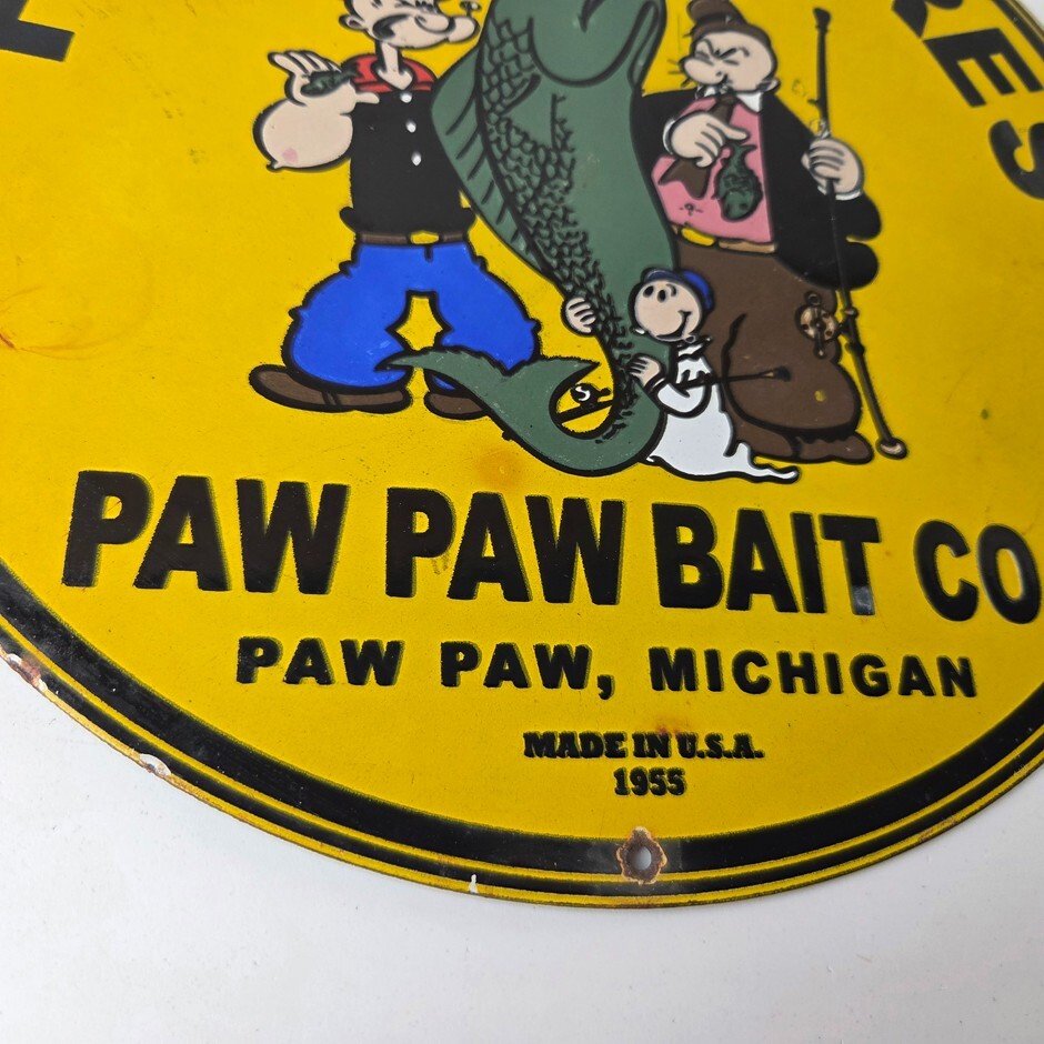 Vintage Fishing Lures Sign - Paw Paw Bait Co Popeye Gas Pump Porcelain Sign - Image 7