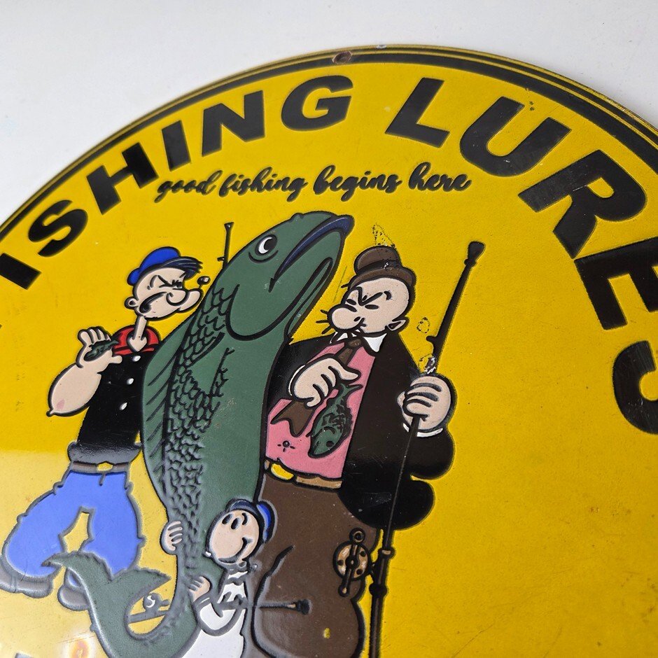 Vintage Fishing Lures Sign - Paw Paw Bait Co Popeye Gas Pump Porcelain Sign - Image 8