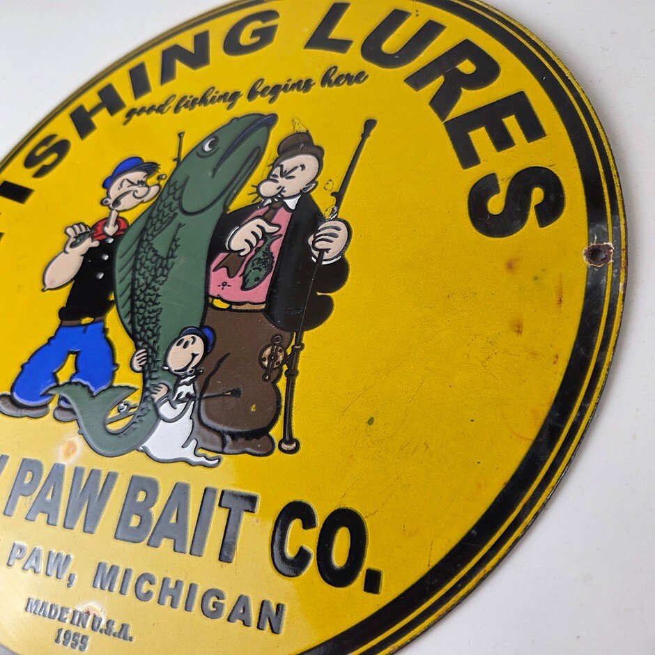 Vintage Fishing Lures Sign - Paw Paw Bait Co Popeye Gas Pump Porcelain Sign - Image 9