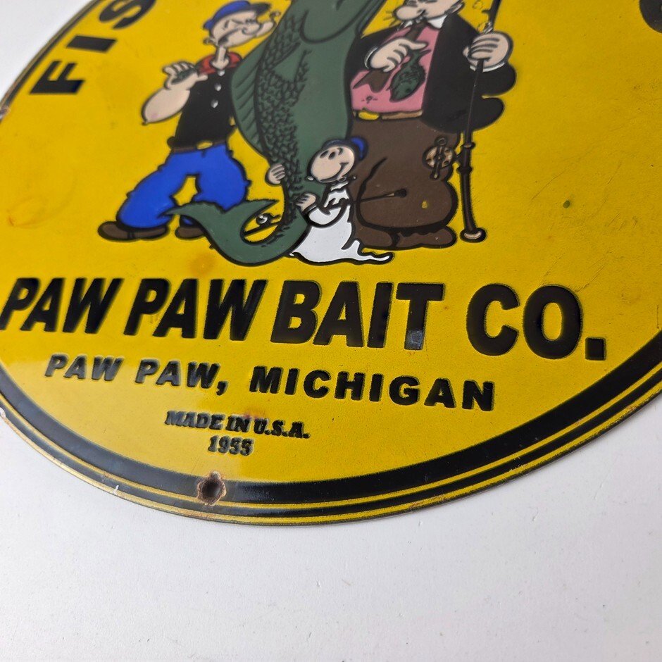 Vintage Fishing Lures Sign - Paw Paw Bait Co Popeye Gas Pump Porcelain Sign - Image 10