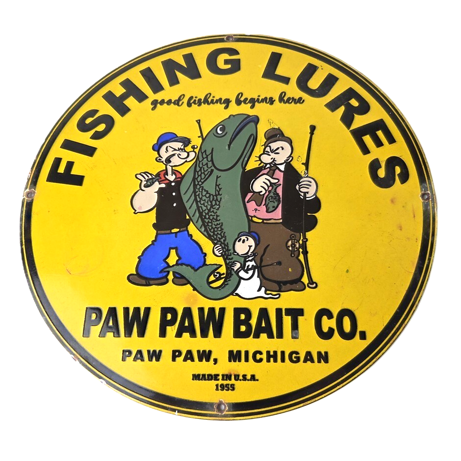 Vintage Fishing Lures Sign - Paw Paw Bait Co Popeye Gas Pump Porcelain Sign