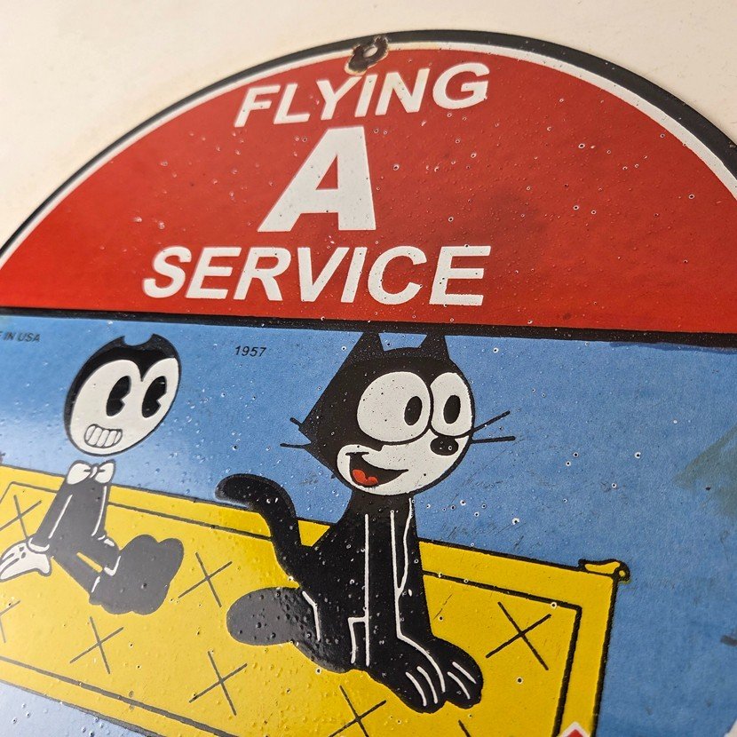 Vintage Flying A Gasoline Sign - Felix the Cat Porcelain Gas Station Pump Sign - Image 12