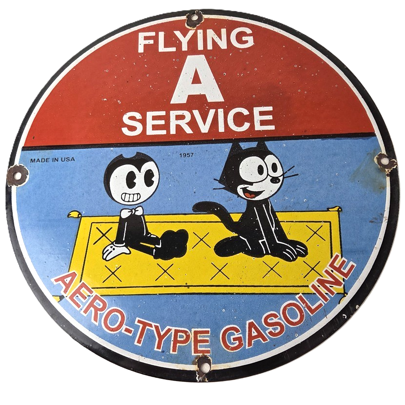 Vintage Flying A Gasoline Sign - Felix the Cat Porcelain Gas Station Pump Sign
