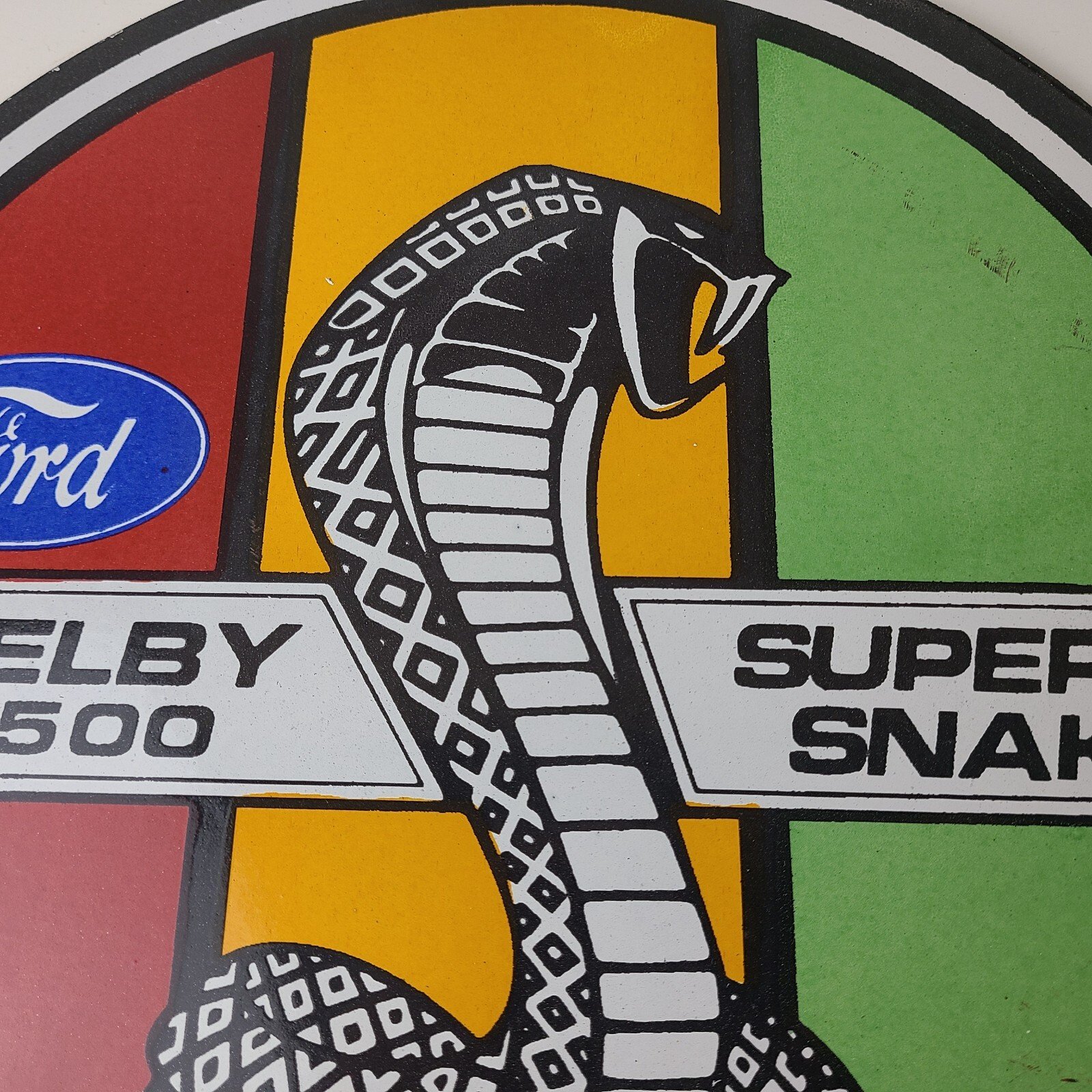 Vintage Ford Motors Porcelain Shelby GT 500 Super Snake Gas Pump Automotive Sign - Image 3