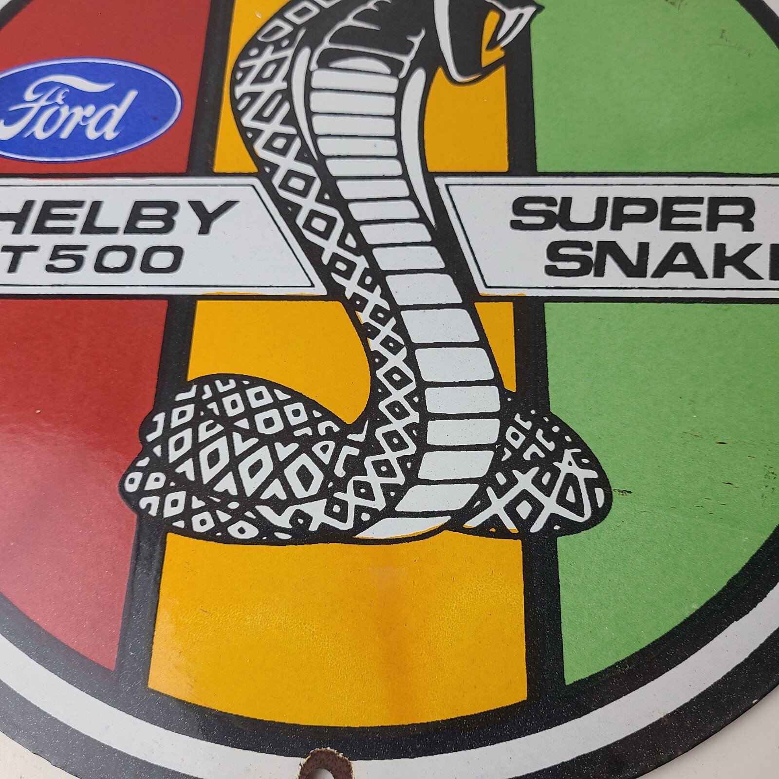 Vintage Ford Motors Porcelain Shelby GT 500 Super Snake Gas Pump Automotive Sign - Image 4