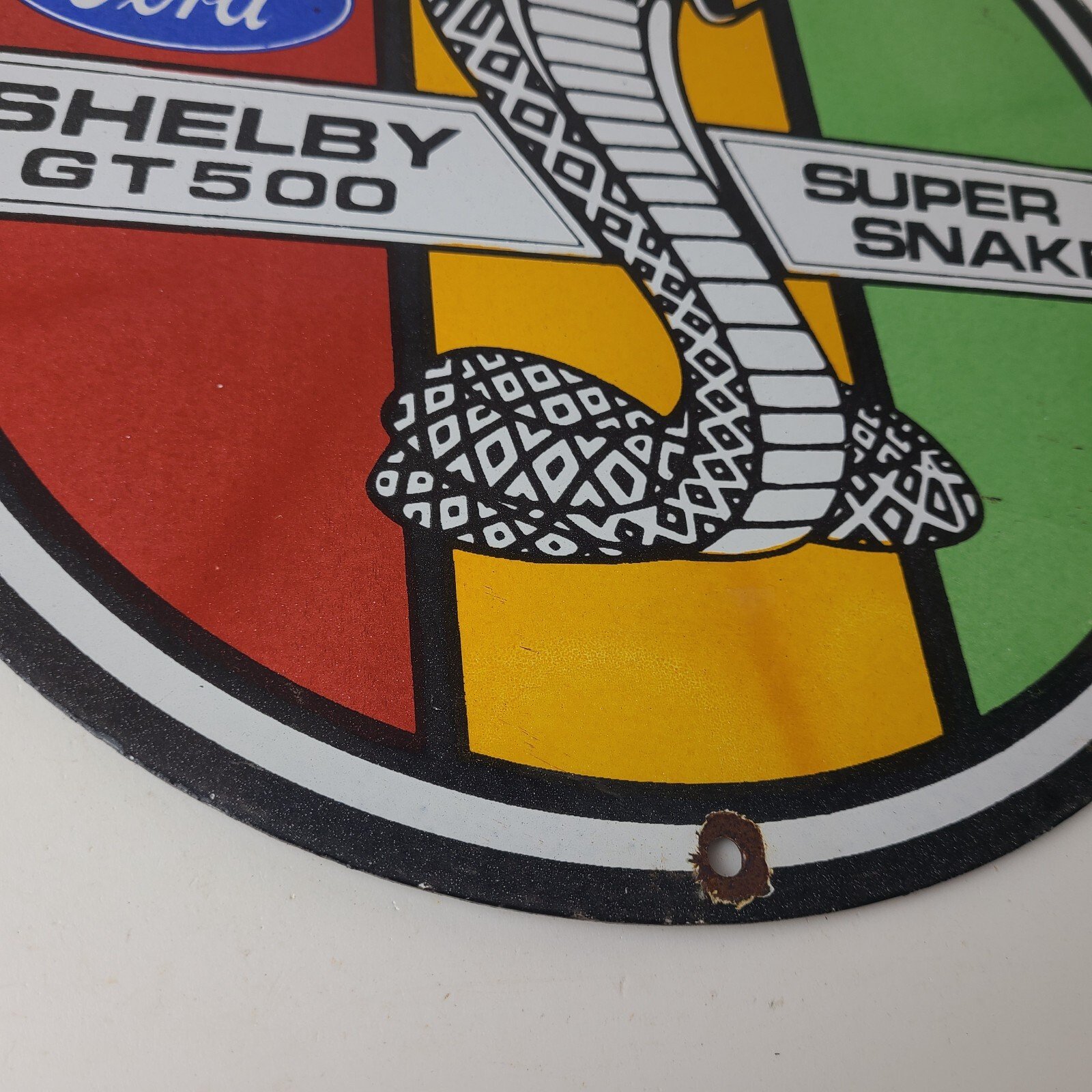 Vintage Ford Motors Porcelain Shelby GT 500 Super Snake Gas Pump Automotive Sign - Image 7