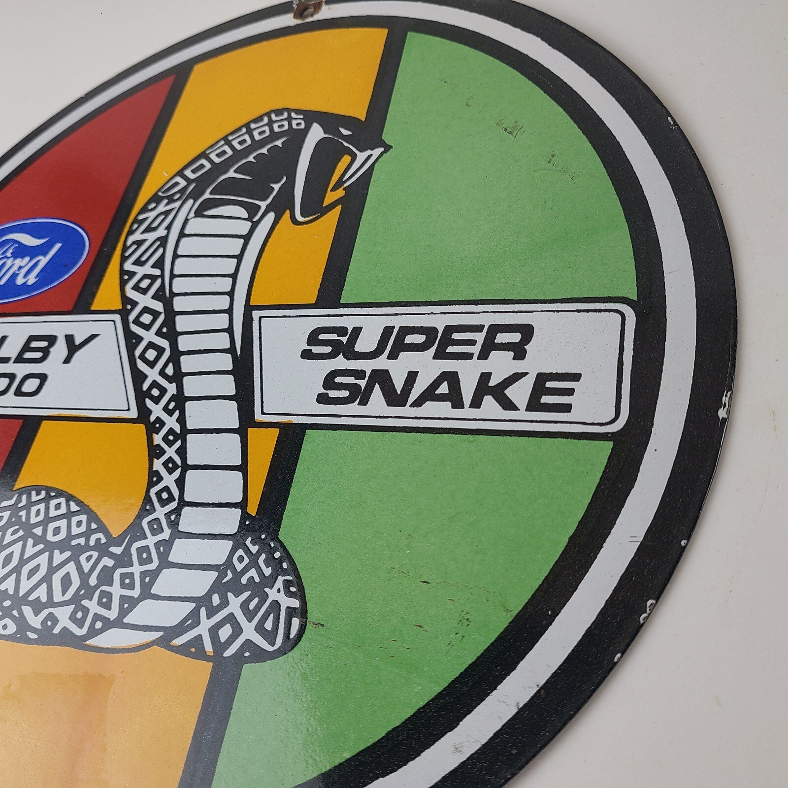 Vintage Ford Motors Porcelain Shelby GT 500 Super Snake Gas Pump Automotive Sign - Image 9