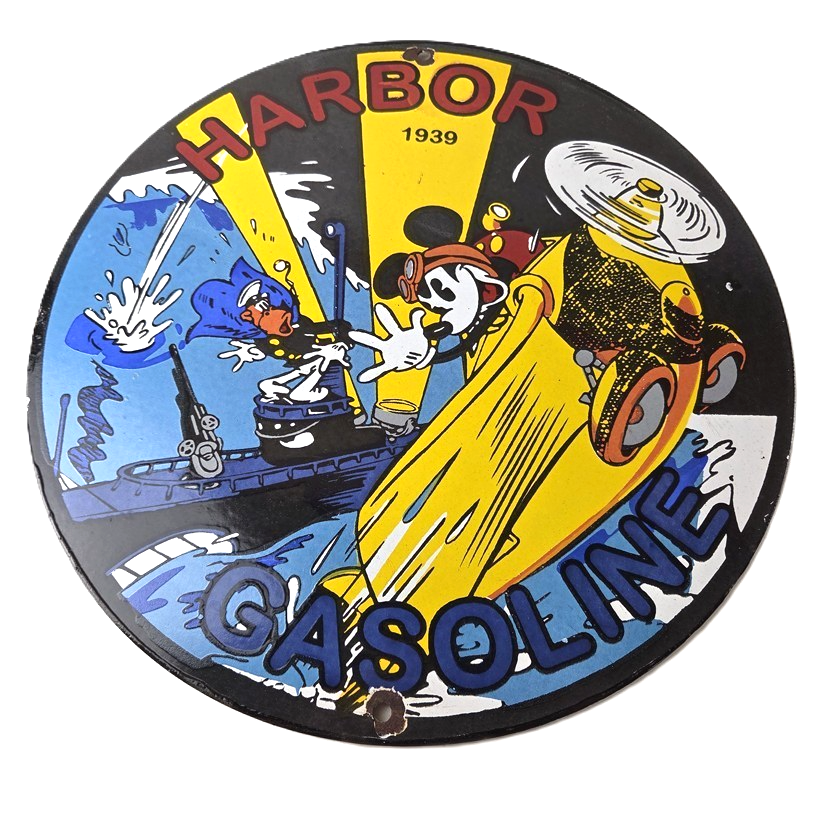 Vintage Harbor Gasoline Sign - Mickey Gas Pump Motor Oil Porcelain Sign