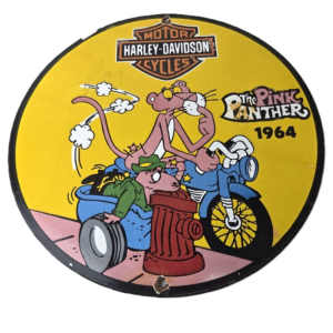 Vintage Harley Davidson Motorcycles Sign - Pink Panther Porcelain Gas Pump Sign