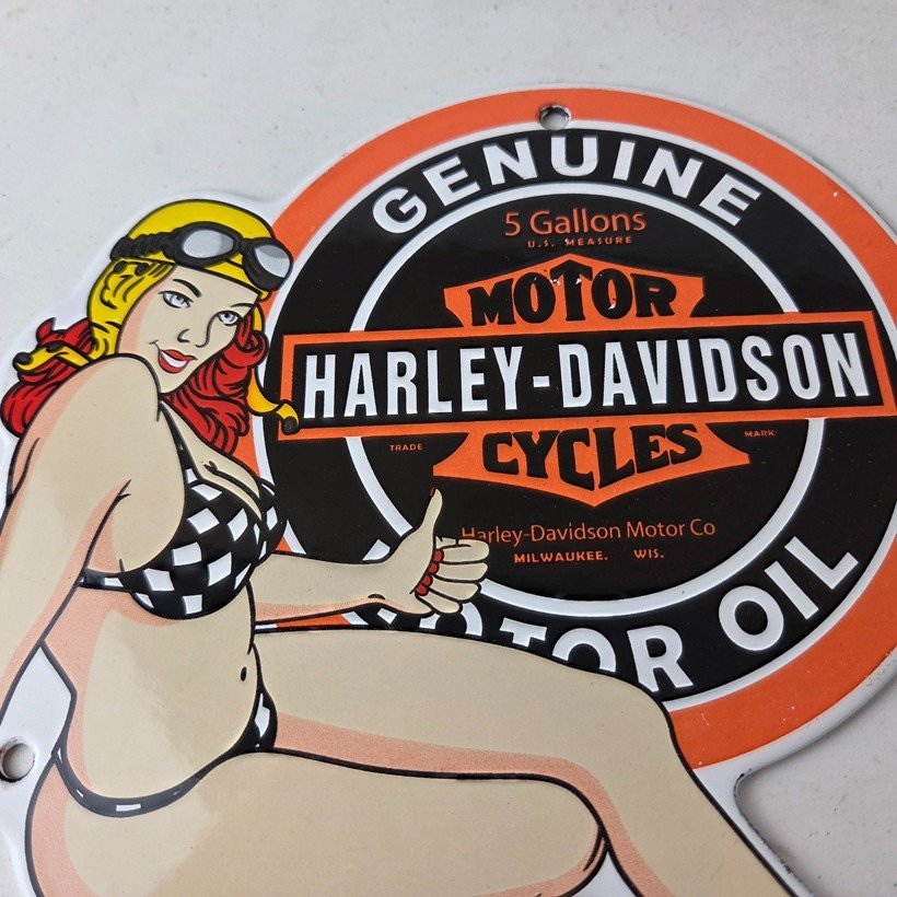 Vintage Harley Davidson Motorcycles Sign - Racing Girl Porcelain Gas Pump Sign - Image 3