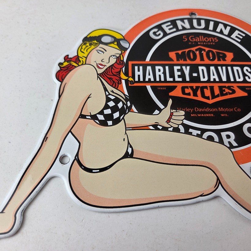 Vintage Harley Davidson Motorcycles Sign - Racing Girl Porcelain Gas Pump Sign - Image 4