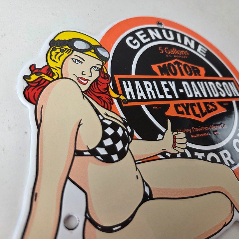 Vintage Harley Davidson Motorcycles Sign - Racing Girl Porcelain Gas Pump Sign - Image 5