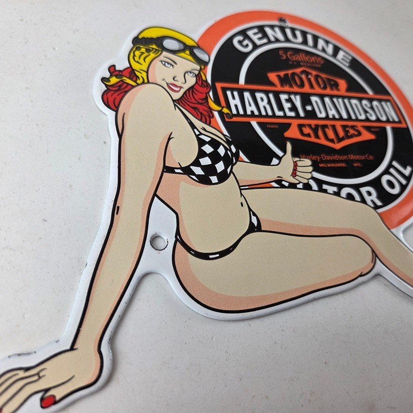 Vintage Harley Davidson Motorcycles Sign - Racing Girl Porcelain Gas Pump Sign - Image 6