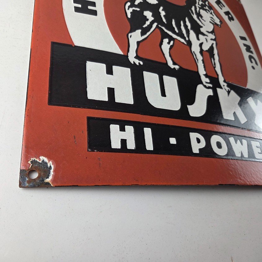 Vintage Husky Gasoline Sign - Hi Power Gas Motor Oil Pump Porcelain Sign - Image 11