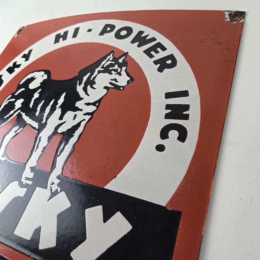 Vintage Husky Gasoline Sign - Hi Power Gas Motor Oil Pump Porcelain Sign - Image 12