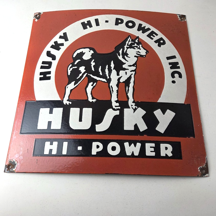 Vintage Husky Gasoline Sign - Hi Power Gas Motor Oil Pump Porcelain Sign - Image 15