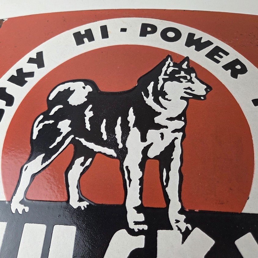 Vintage Husky Gasoline Sign - Hi Power Gas Motor Oil Pump Porcelain Sign - Image 3