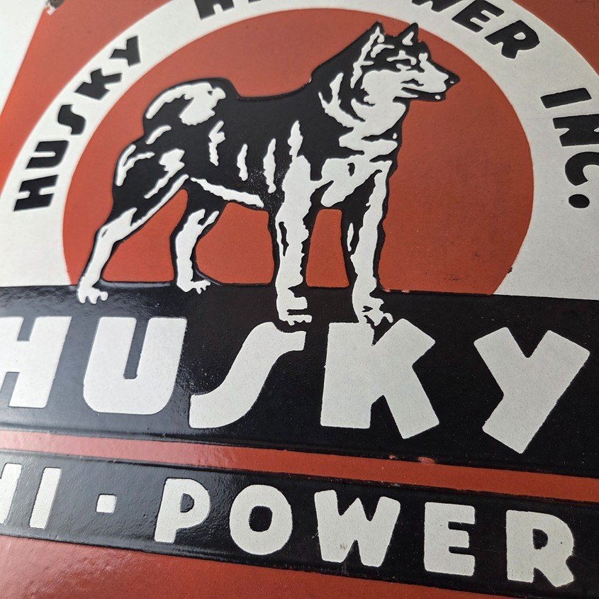 Vintage Husky Gasoline Sign - Hi Power Gas Motor Oil Pump Porcelain Sign - Image 4