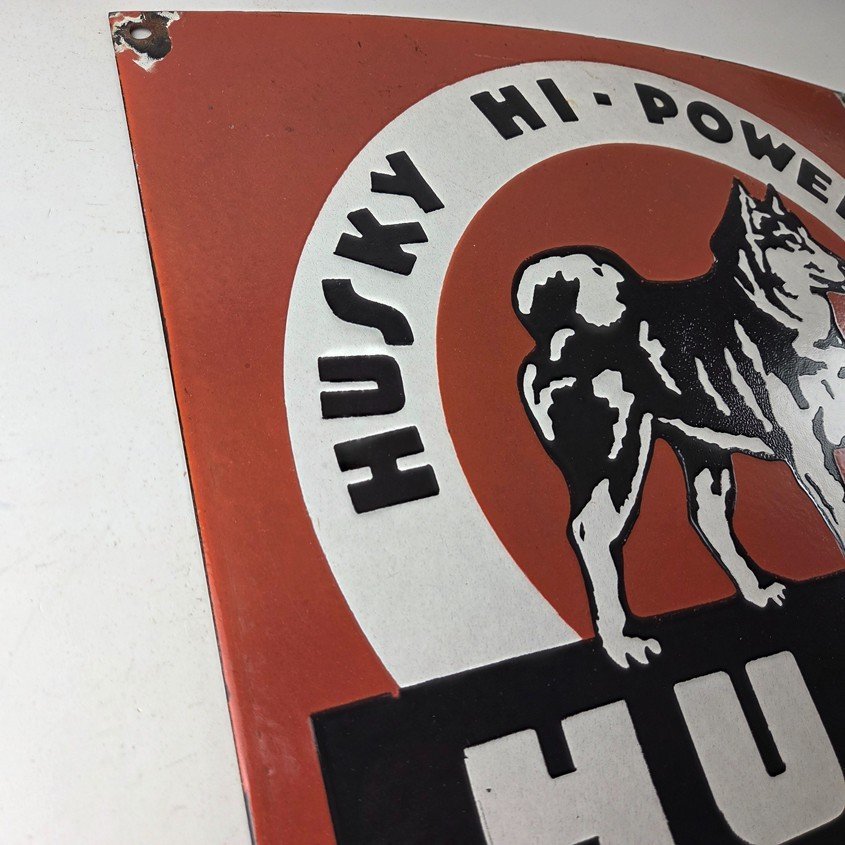 Vintage Husky Gasoline Sign - Hi Power Gas Motor Oil Pump Porcelain Sign - Image 5