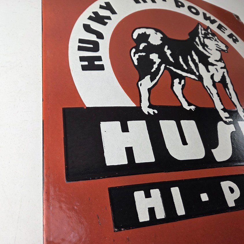 Vintage Husky Gasoline Sign - Hi Power Gas Motor Oil Pump Porcelain Sign - Image 6