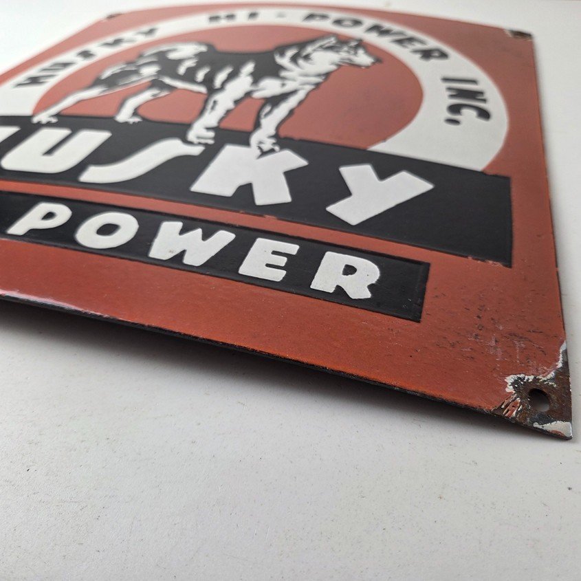 Vintage Husky Gasoline Sign - Hi Power Gas Motor Oil Pump Porcelain Sign - Image 10