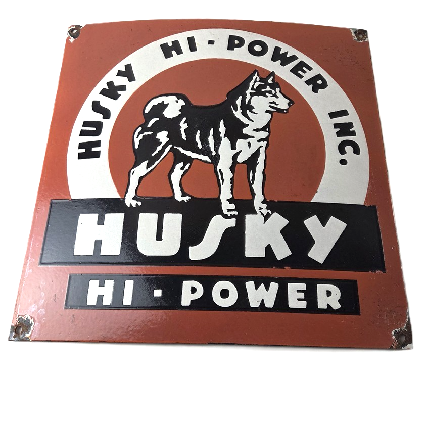 Vintage Husky Gasoline Sign - Hi Power Gas Motor Oil Pump Porcelain Sign