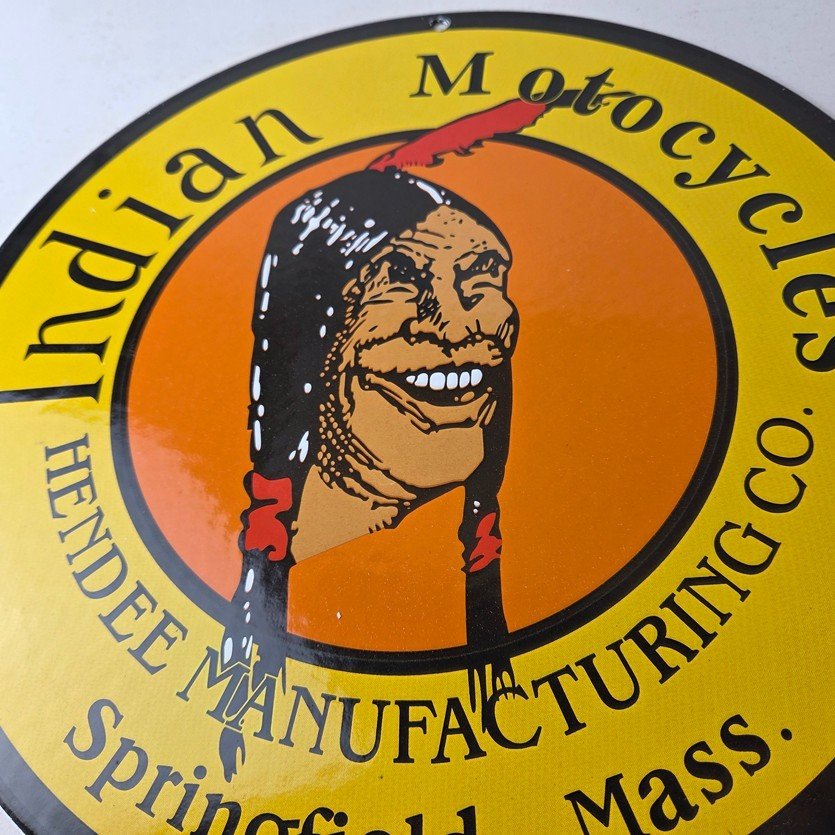 Vintage Indian Motorcycles Sign - Hendee Sales Parts Service Porcelain Gas Sign - Image 4