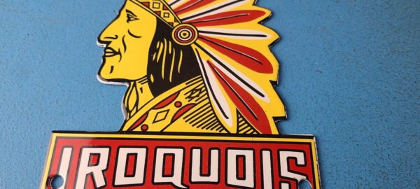 Vintage Iroquois Auto Insurance Sign Indian Head Dress Gas Pump Porcelain Sign 305838208132 3