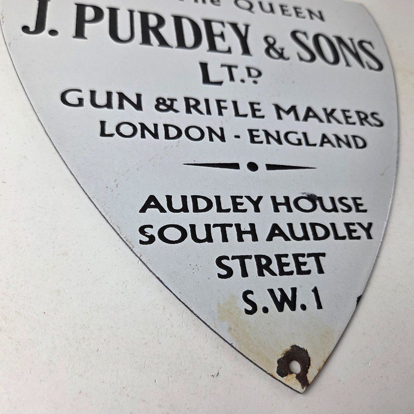 Vintage James Purdey Sign - Gun Firearm Makers Hunters Gas Porcelain Sign - Image 11