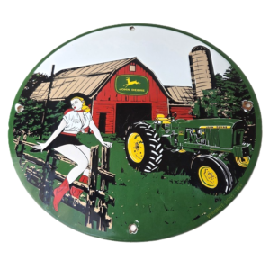 Vintage John Deere Sign - Girl on Fence Porcelain Farm Tractor Gas Pump Sign
