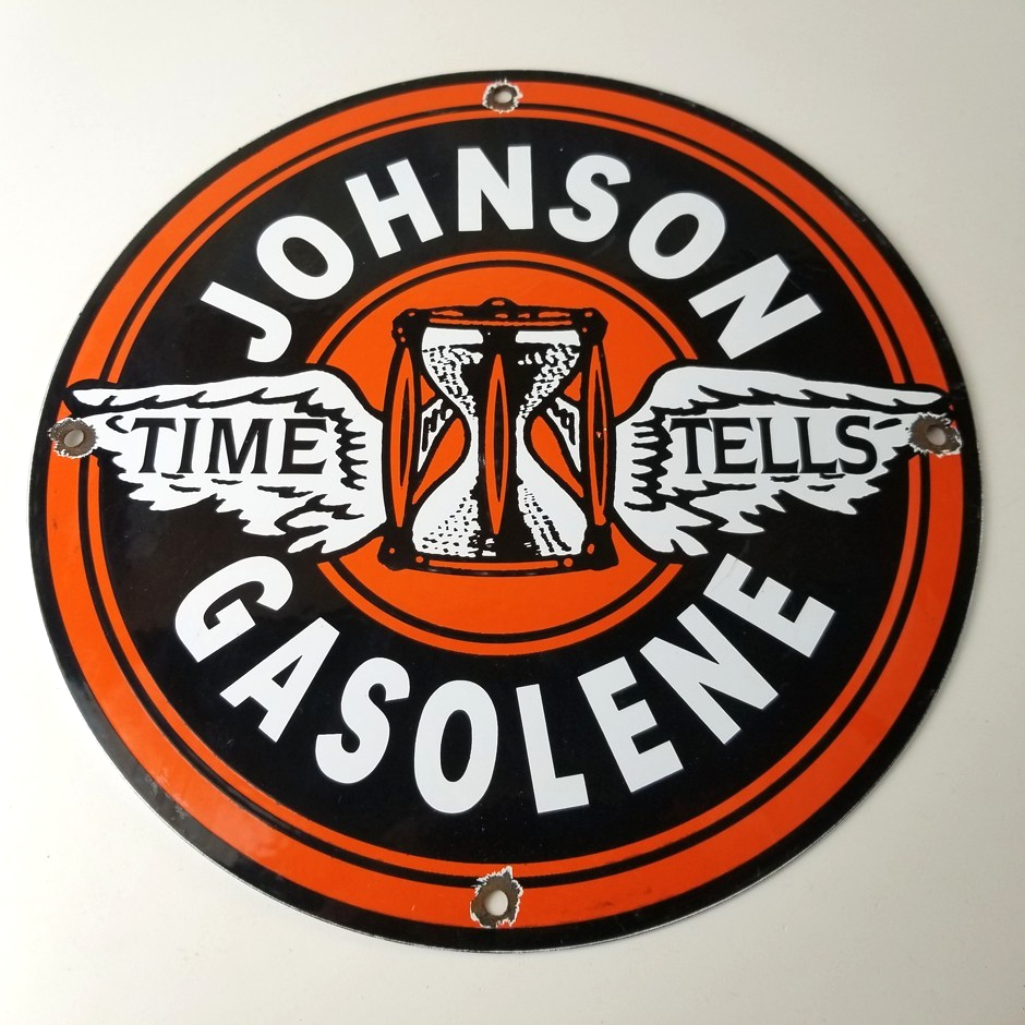 Vintage Johnson Gasoline Sign - Time Tells Gas Motor Oil Pump Porcelain Sign - Image 12